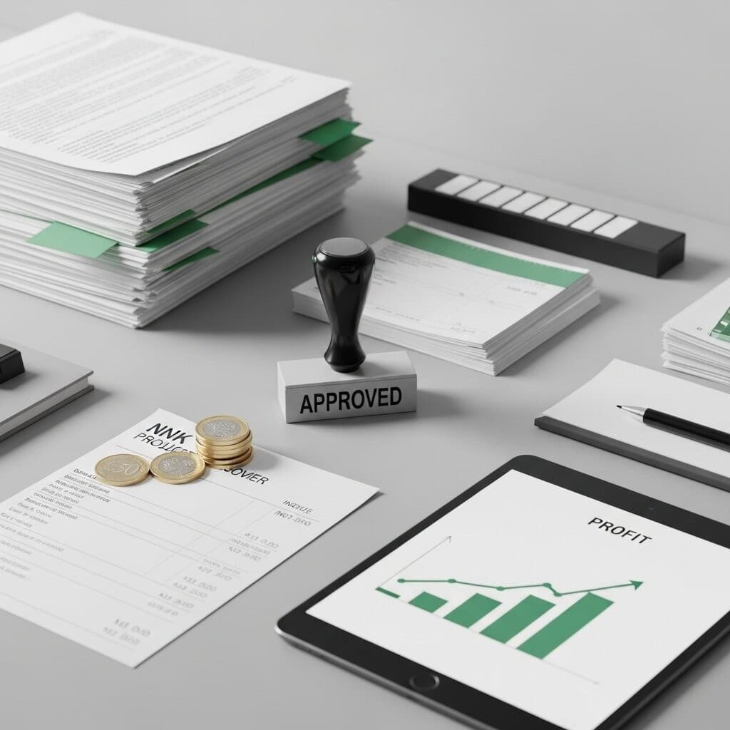 Professional business environment with approved documents and financial reports